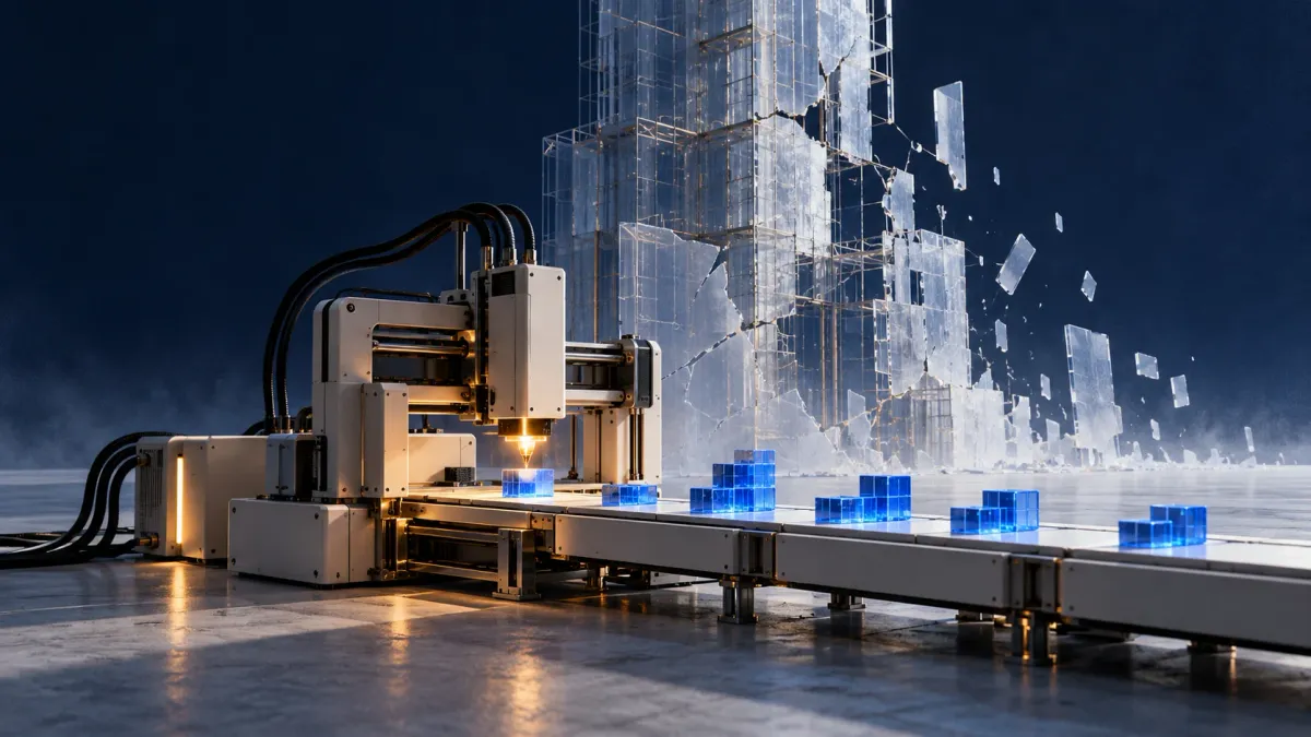 A working machine assembles blue software blocks beneath a fractured glass structure, suggesting capability surviving a financial collapse.